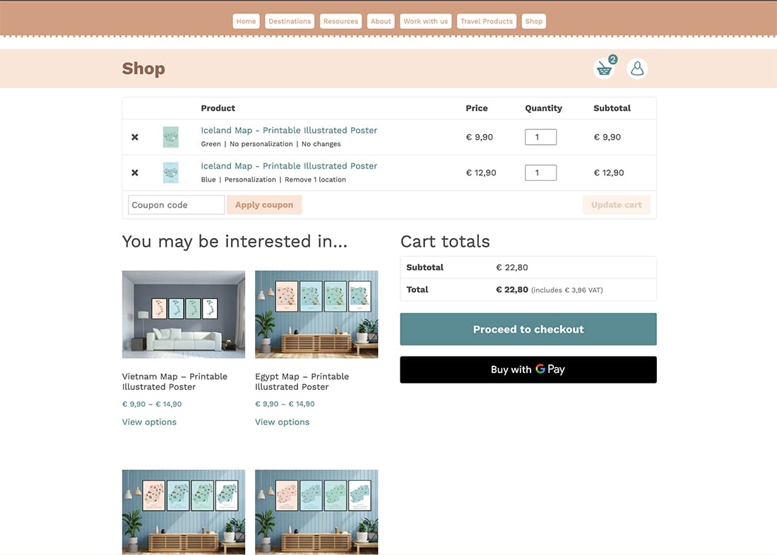 screenprint from the cart page of the Sas Crossing Countries shop