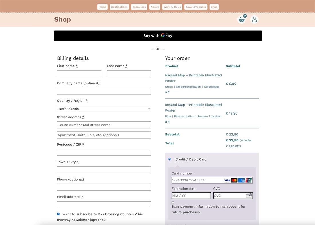 screenprint from the checkout page of the Sas Crossing Countries shop