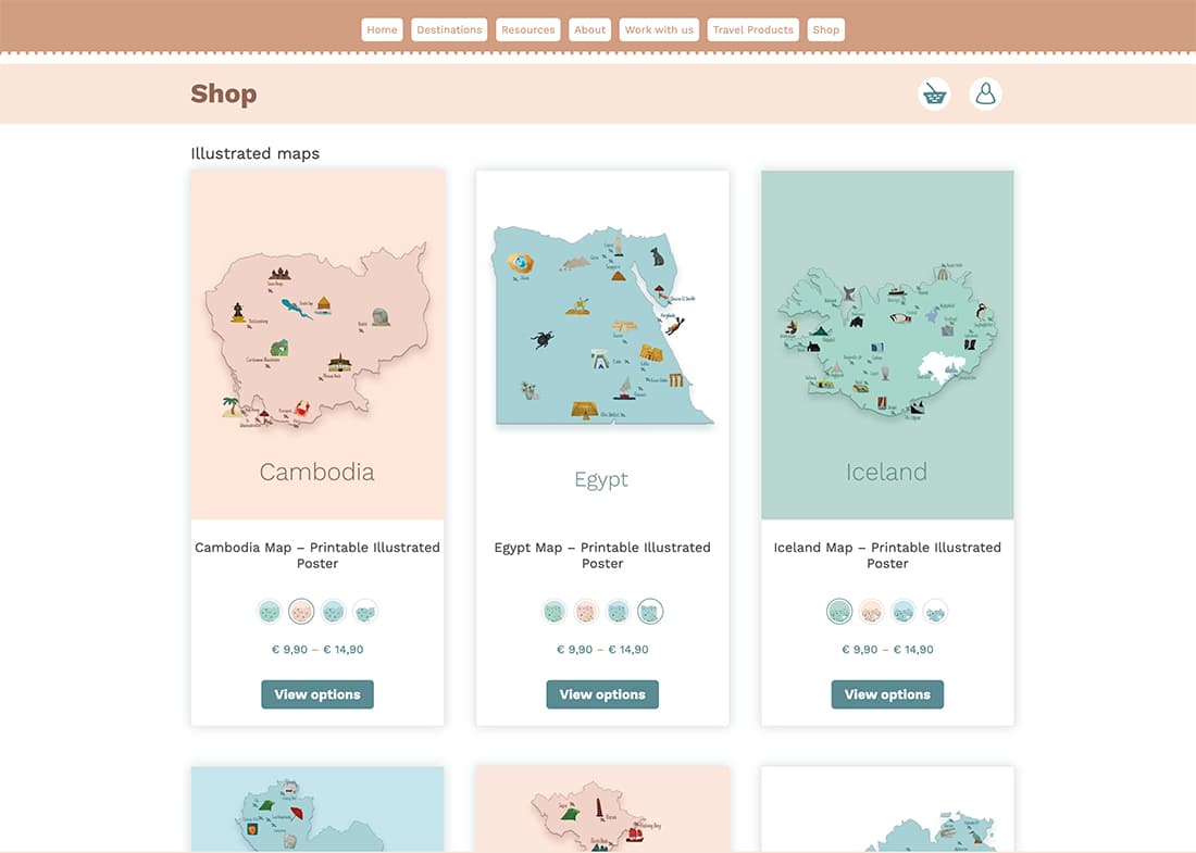 screenshot of the illustrated map page in the Sas Crossing Countries shop. 3 maps are visible. A brown toned Cambodia map, a white and blue toned Egypt map and a green toned Iceland map. Below these maps you see a little bit of the next row of maps, but just a small part that doesn't show what countries or regions are available.