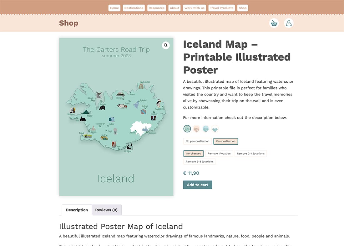 screenprint from the illustrated map of Iceland in the Sas Crossing Countries shop. You can see an example of the map in 4 colors and the option "personalization" and the option "no changes" is selected with a price of 11,90 euro